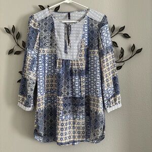 Blue and White Patterned Women's Top